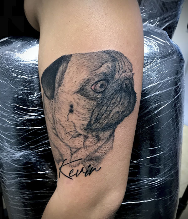 Tatuaje brazo pug perro en De La Rocha Tattoo Cartagena