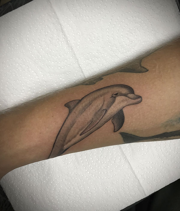 Tatuaje delfín realista en brazo en estudio en Cartagena