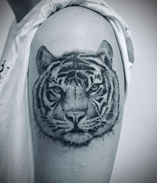 Tatuaje cara de tigre en el brazo por tatuador profesional en Cartagena, Murcia